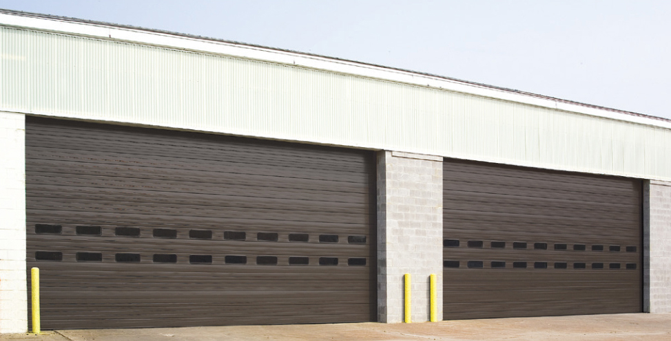 two large, brown commercial garage doors